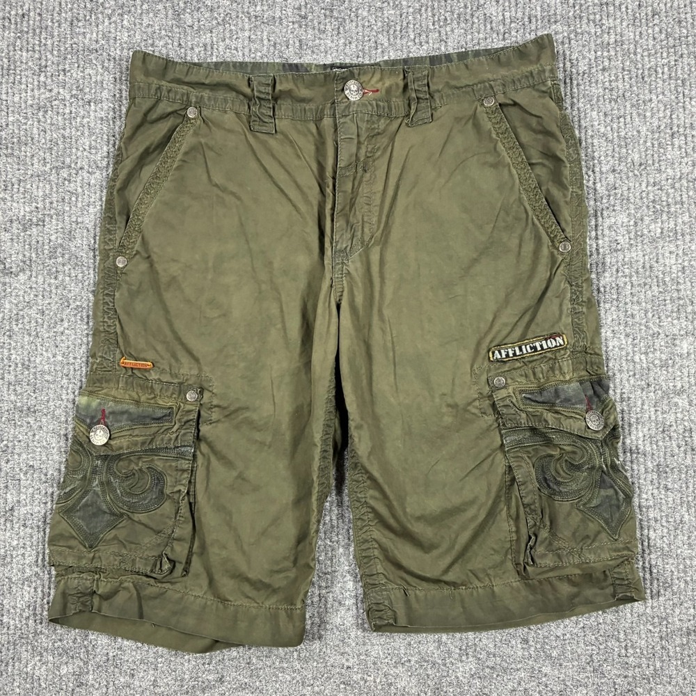 Affliction Mens Cargo Shorts Size 32 Olive Embroidered Utility Military Mid Rise